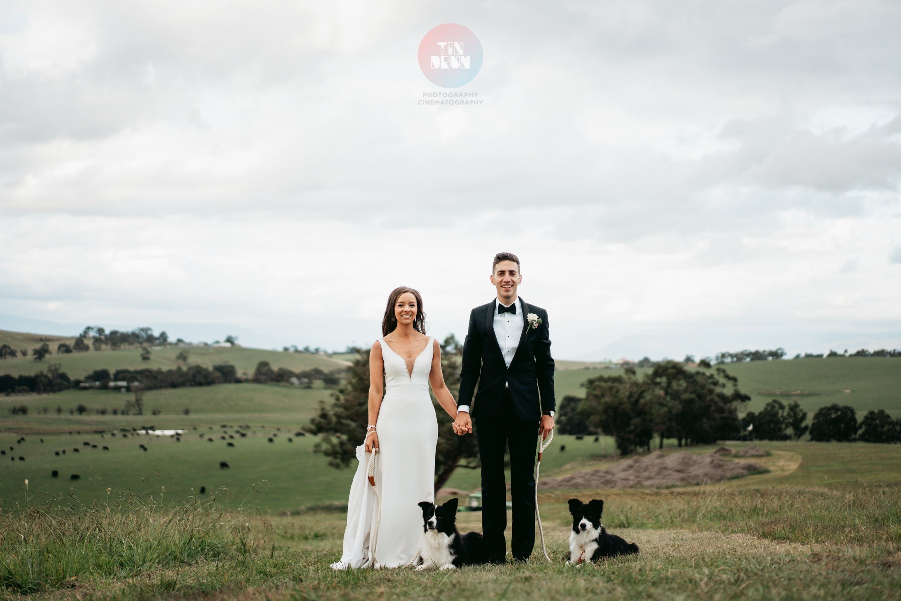 Bridal couple posing with pets outdoors. 